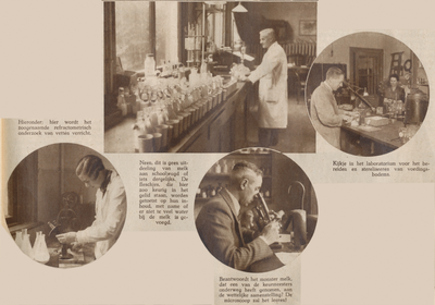 874695 Collage van 4 foto's betreffende het werk in het laboratorium van de Keuringsdienst van Waren (Rijnkade 2) te ...